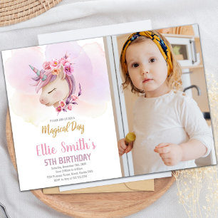 Pink Floral Unicorn Birthday Invitation with Photo