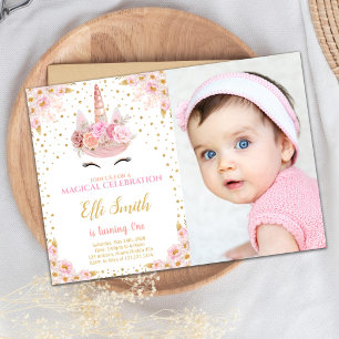 Pink Floral Unicorn Birthday Invitation with Photo