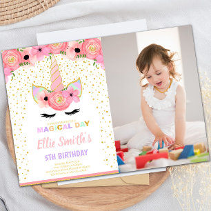 Pink Floral Unicorn Birthday Invitation with Photo