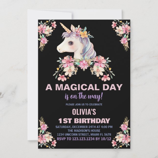Pink Floral Unicorn Birthday Invitations (Front)
