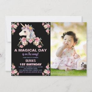 Pink Floral Unicorn Birthday Invitations photo