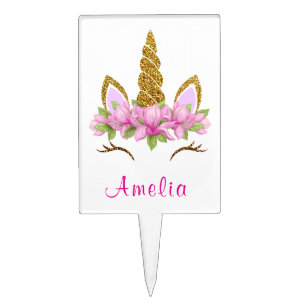 Pink Floral Unicorn Birthday Party Cake Topper