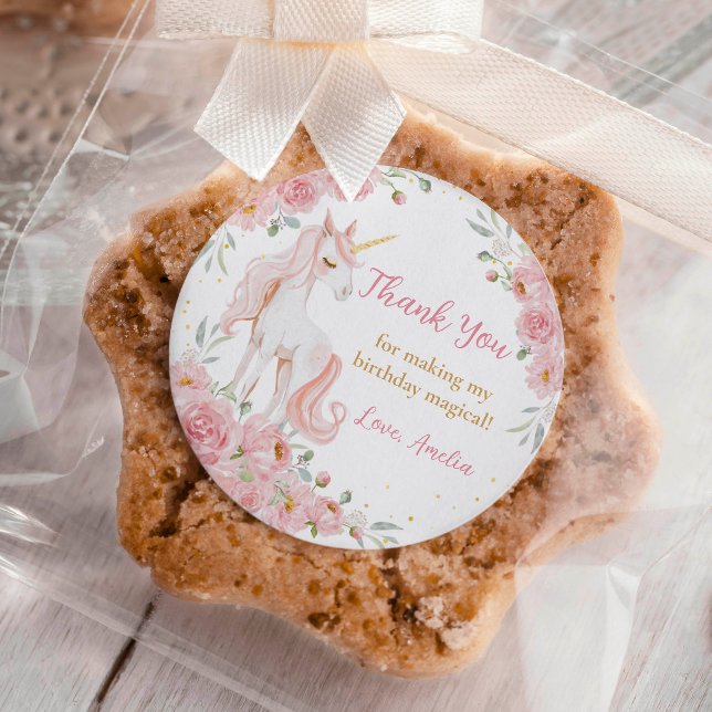 Pink Floral Unicorn Birthday Party Classic Round Sticker (Creator Uploaded)