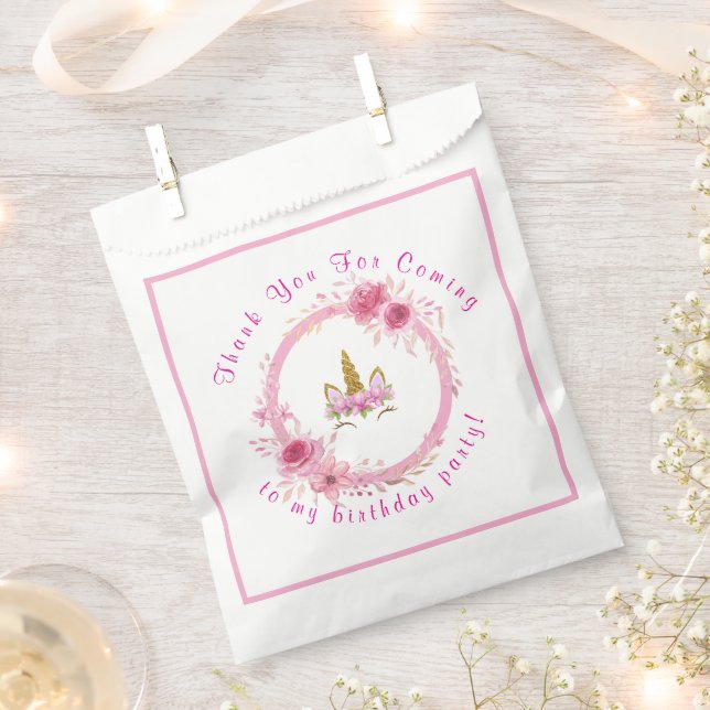Pink Floral| Unicorn Birthday Party Favor Bag (Clipped)