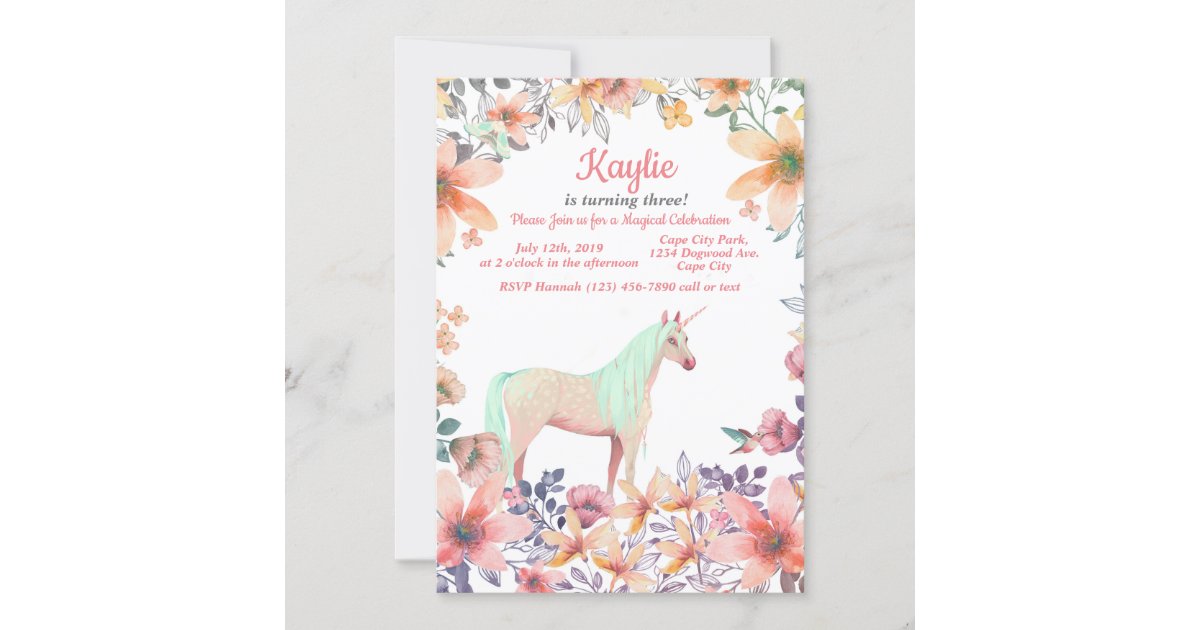Pink Floral Unicorn Birthday Party Invite | Zazzle