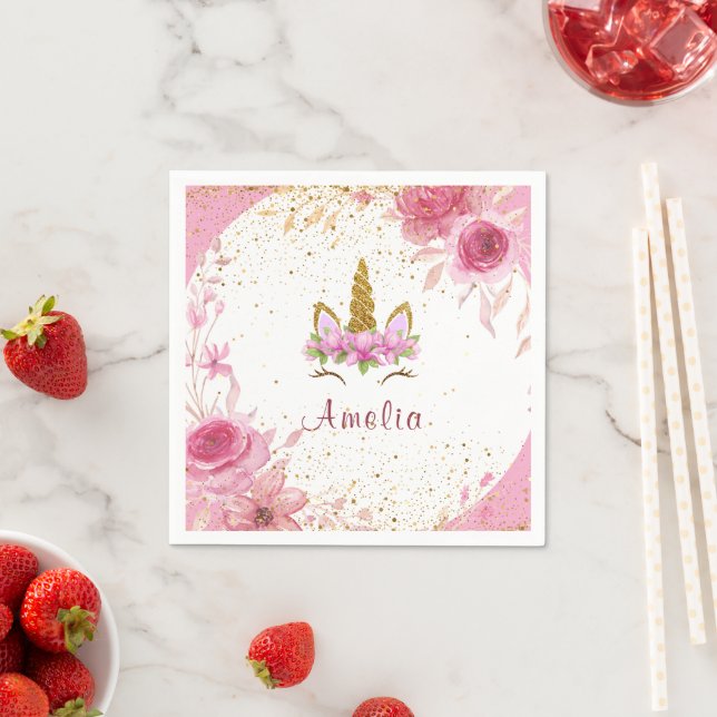 Pink Floral| Unicorn Birthday Party Napkins (Insitu)
