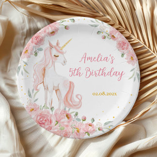Pink Floral Unicorn Birthday Party Paper Plates