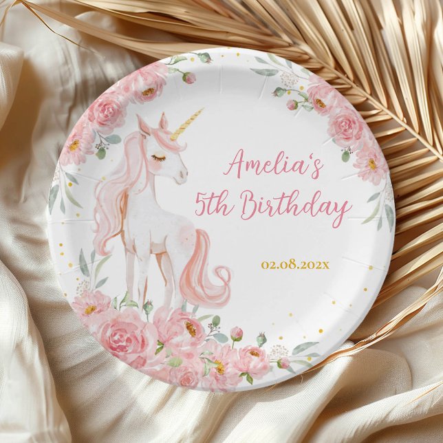 Pink Floral Unicorn Birthday Party Paper Plates (Creator Uploaded)
