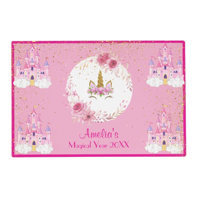 Pink Floral| Unicorn Birthday Party Placemat (Front)