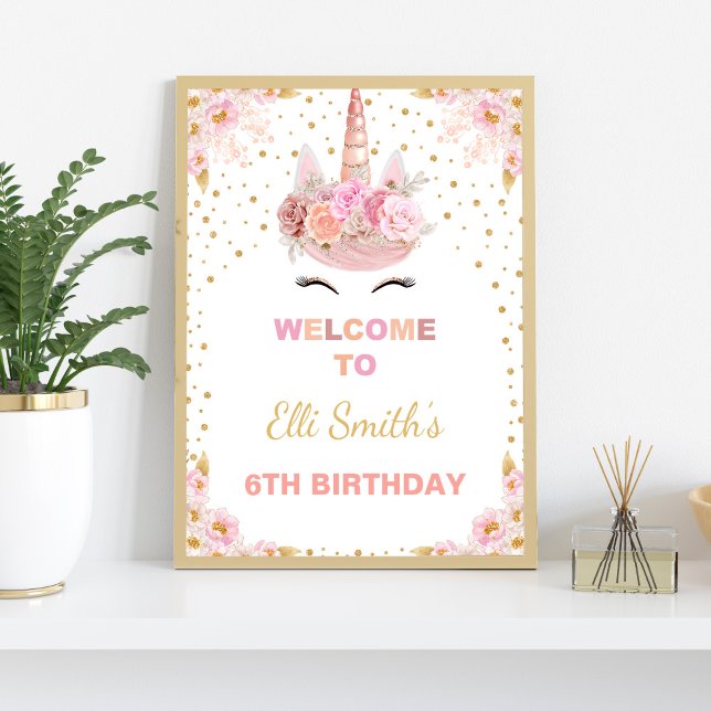 Pink Floral Unicorn Birthday Party Welcome Sign (Pink Floral Unicorn Welcome Signs)