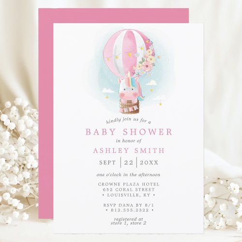 Pink Floral Unicorn Hot Air Balloon Baby Shower Invitation