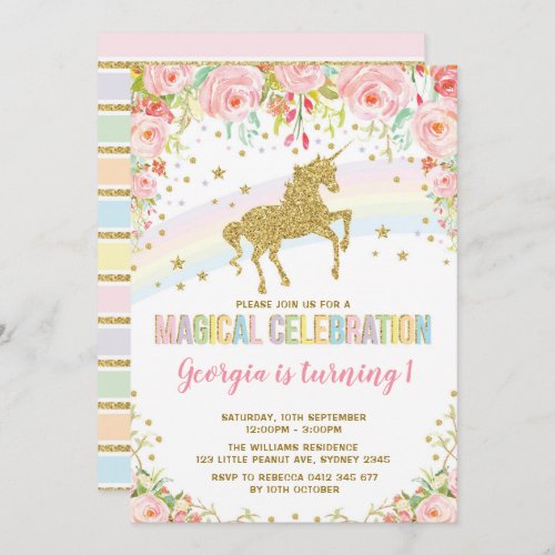 Pink Floral Unicorn Magical Birthday Rainbow Party Invitation