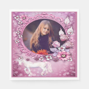 Pink Floral Unicorn Photo Birthday Napkins
