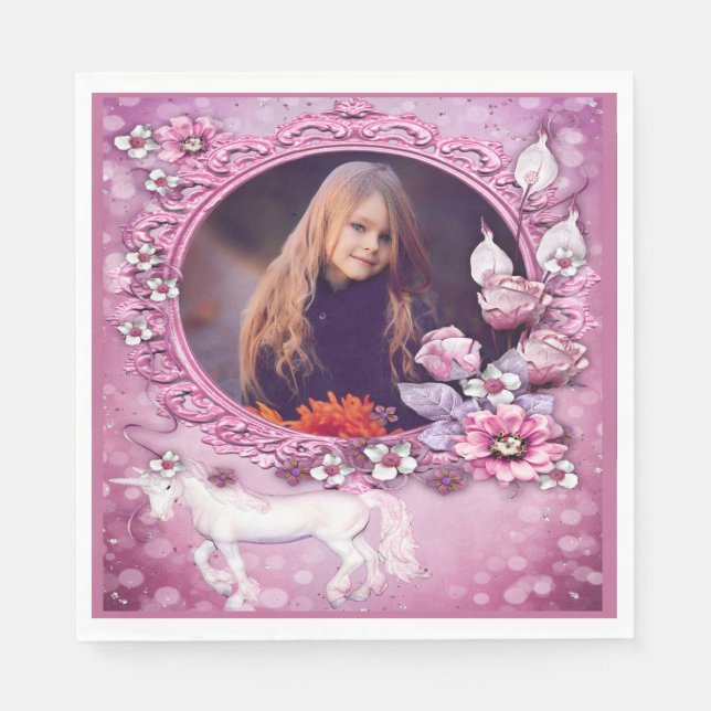 Pink Floral Unicorn Photo Birthday Napkins (Front)