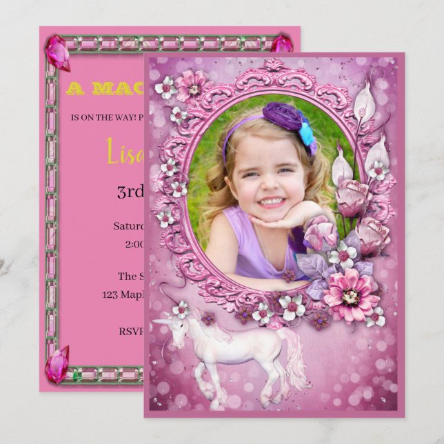 Pink Floral Unicorn Photo Birthday Party Invitation (Front/Back)