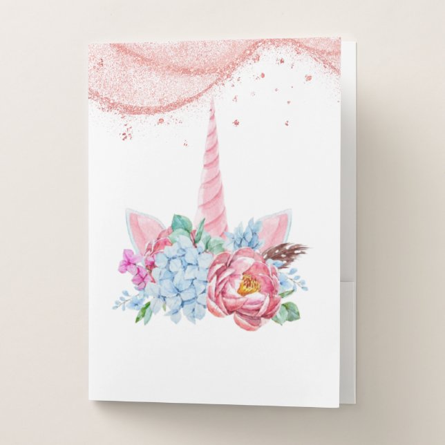 Pink floral unicorn pocket folder (Front)