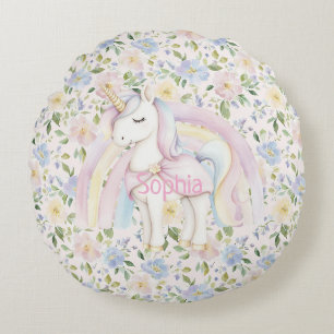Pink Floral Unicorn Rainbow  Round Pillow