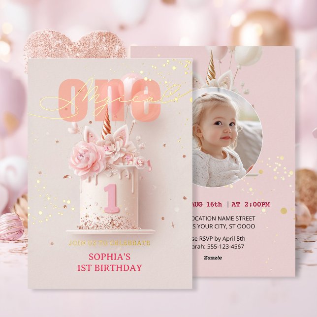 Pink Floral Unicorn Style First Birthday Foil Invitation (Creator Uploaded)