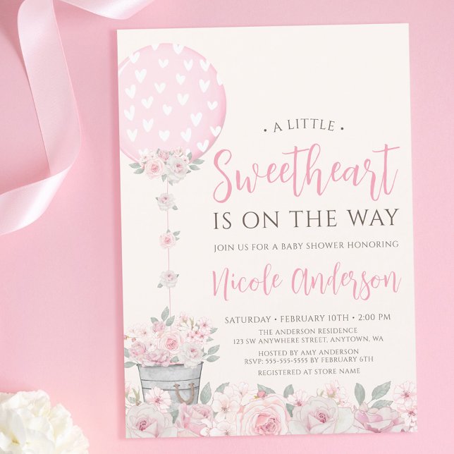 Pink Floral Valentine Balloon Girl Baby Shower Invitation (Creator Uploaded)