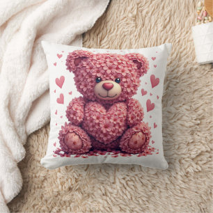 Pink Floral Valentine Teddy Bear Throw Pillow