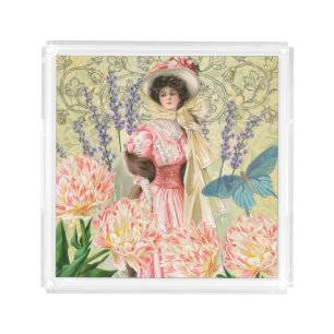 Pink Floral Victorian Woman Regency Acrylic Tray