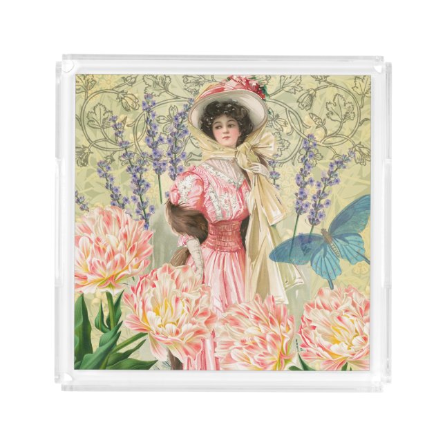 Pink Floral Victorian Woman Regency Acrylic Tray (Front)