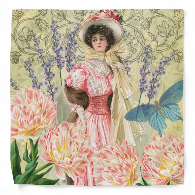 Pink Floral Victorian Woman Regency Bandana (Front)