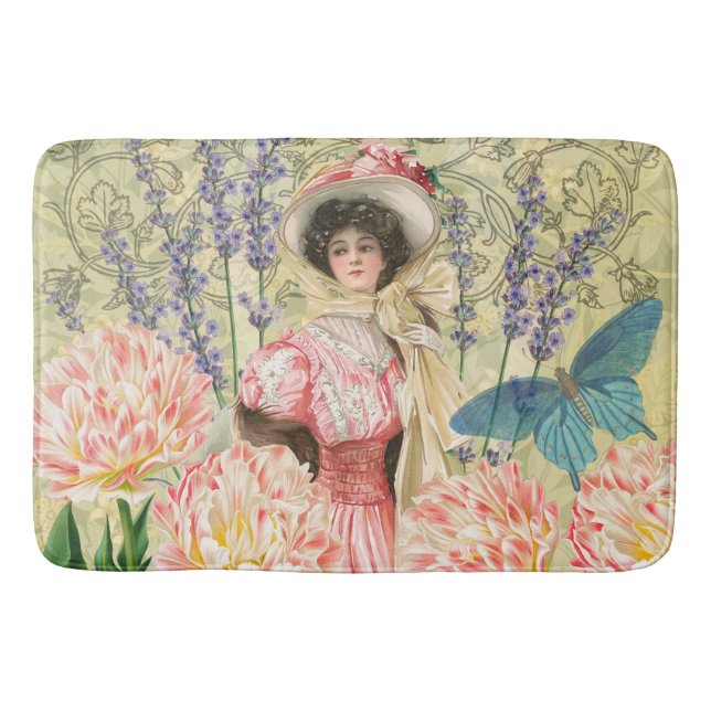 Pink Floral Victorian Woman Regency Bath Mat (Front)