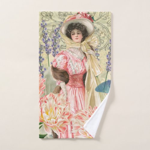 Pink Floral Victorian Woman Regency Bath Towel Set