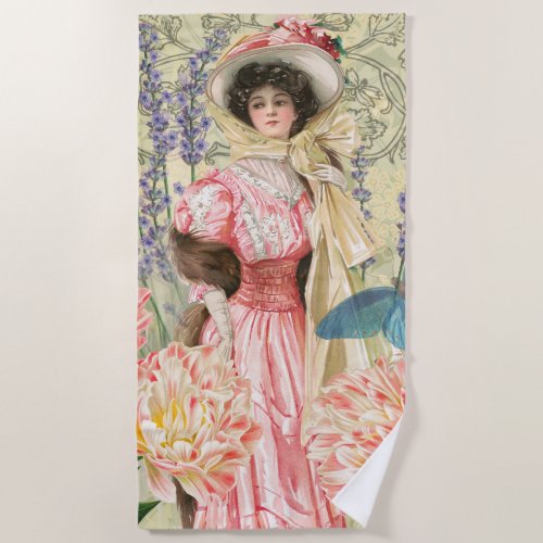 Pink Floral Victorian Woman Regency Beach Towel