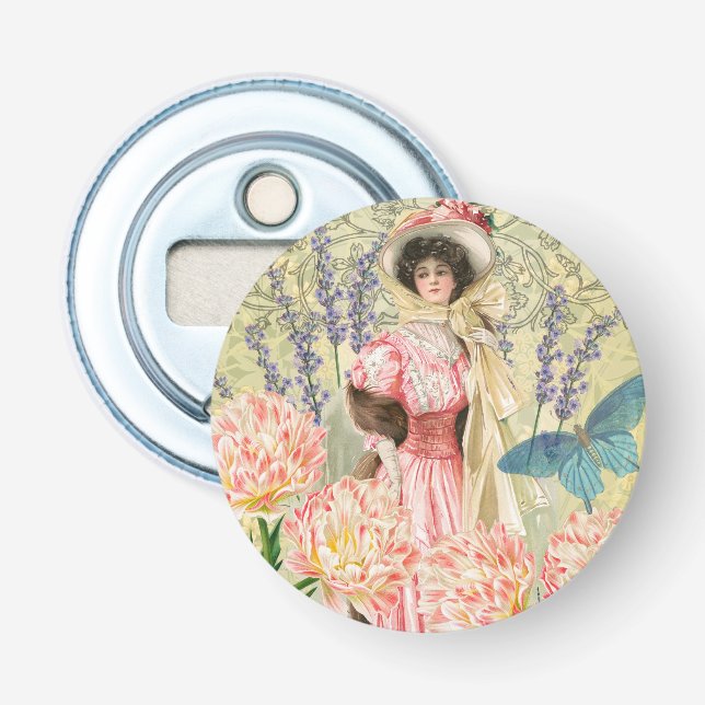 Pink Floral Victorian Woman Regency Bottle Opener (Front)