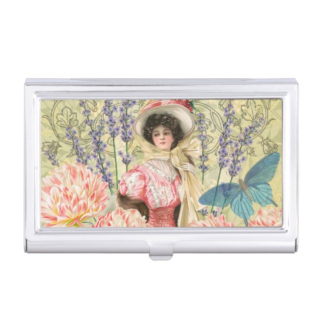 Pink Floral Victorian Woman Regency Business Card Case (Front)