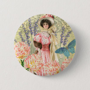 Pink Floral Victorian Woman Regency Button