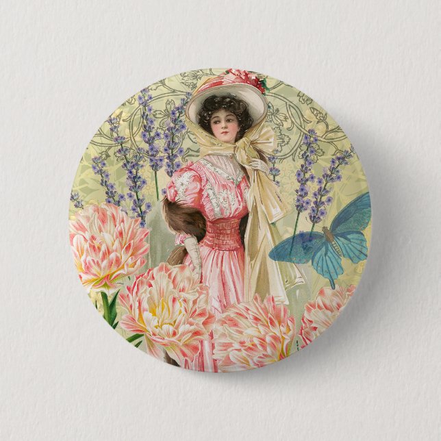Pink Floral Victorian Woman Regency Button (Front)