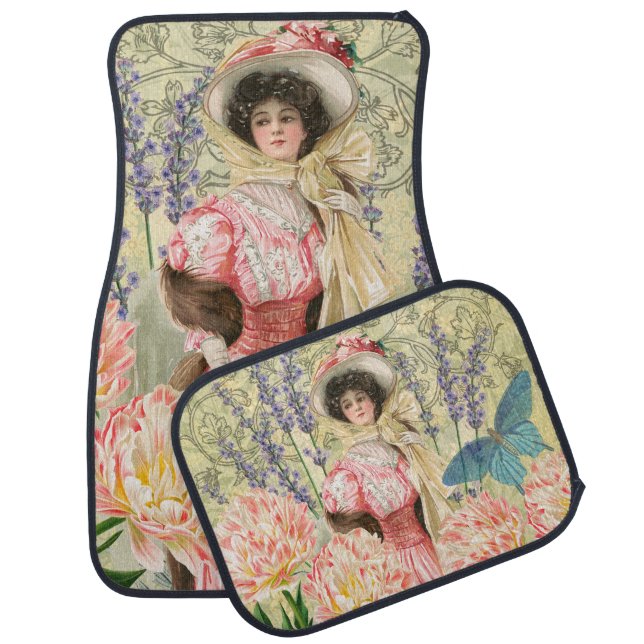 Pink Floral Victorian Woman Regency Car Floor Mat (Set)