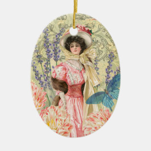 Pink Floral Victorian Woman Regency Ceramic Ornament