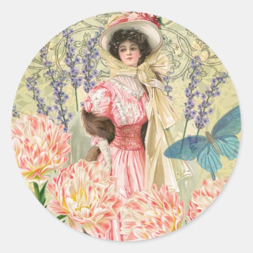 Pink Floral Victorian Woman Regency Classic Round Sticker