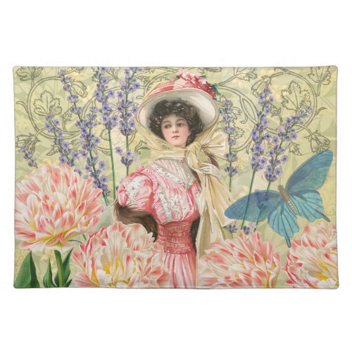 Pink Floral Victorian Woman Regency Cloth Placemat