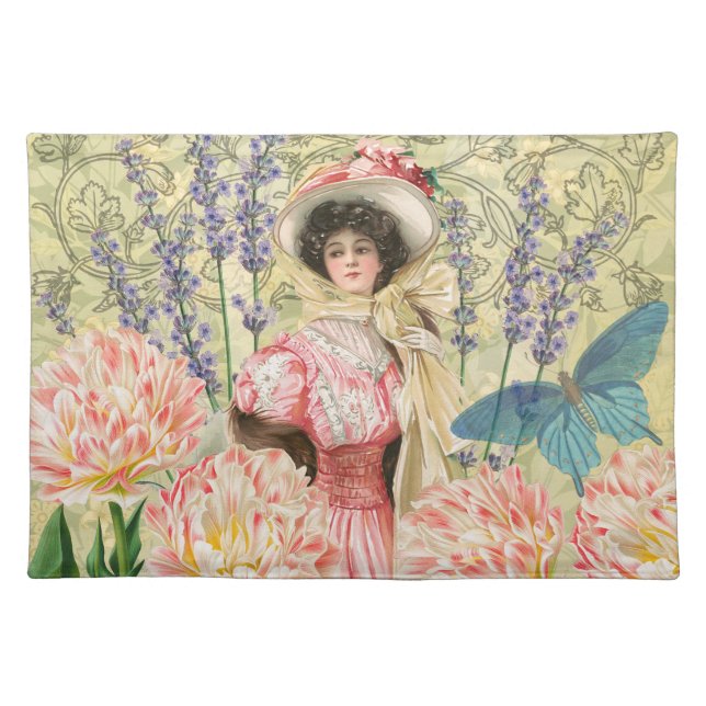 Pink Floral Victorian Woman Regency Cloth Placemat (Front)