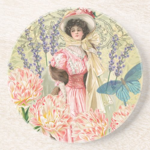 Pink Floral Victorian Woman Regency Coaster