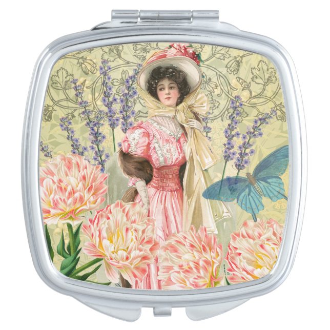 Pink Floral Victorian Woman Regency Compact Mirror (Front)