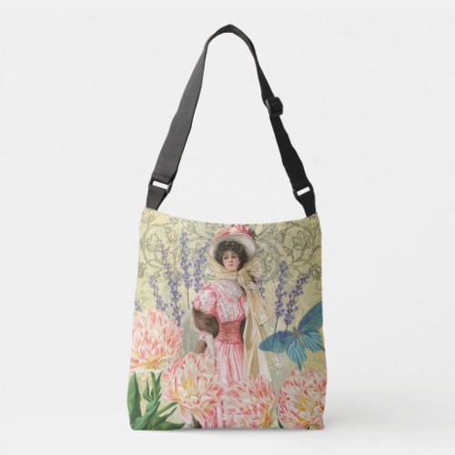 Pink Floral Victorian Woman Regency Crossbody Bag