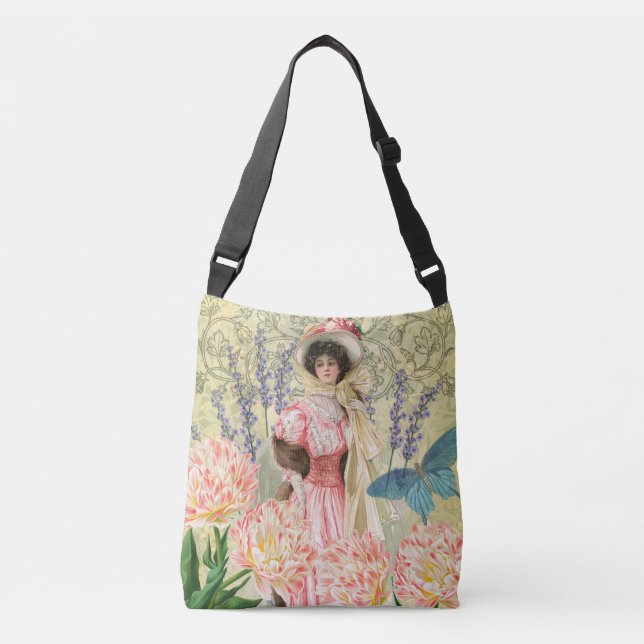 Pink Floral Victorian Woman Regency Crossbody Bag (Front)