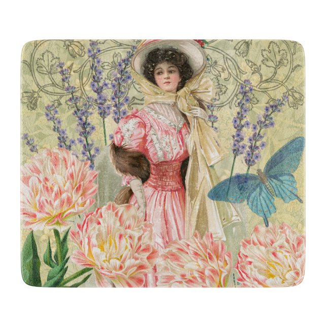 Pink Floral Victorian Woman Regency Cutting Board (Front)