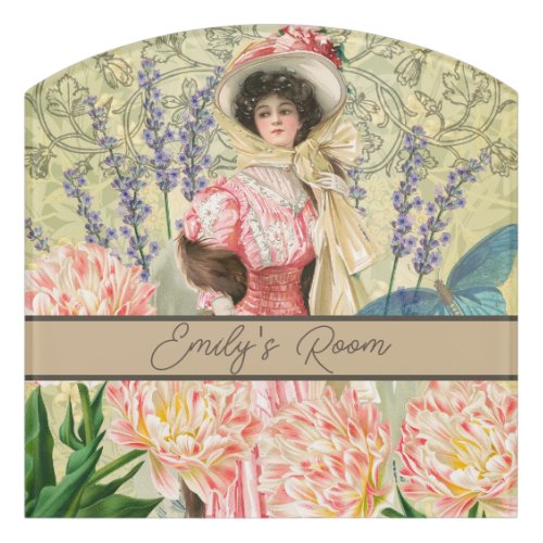 Pink Floral Victorian Woman Regency Door Sign
