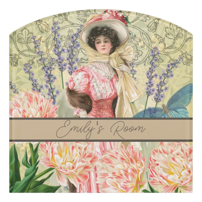 Pink Floral Victorian Woman Regency Door Sign (Contour Front)