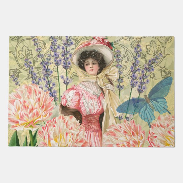 Pink Floral Victorian Woman Regency Doormat (Front)