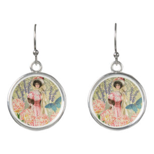 Pink Floral Victorian Woman Regency Earrings