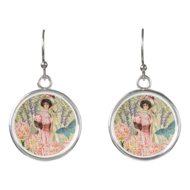 Pink Floral Victorian Woman Regency Earrings (Front)