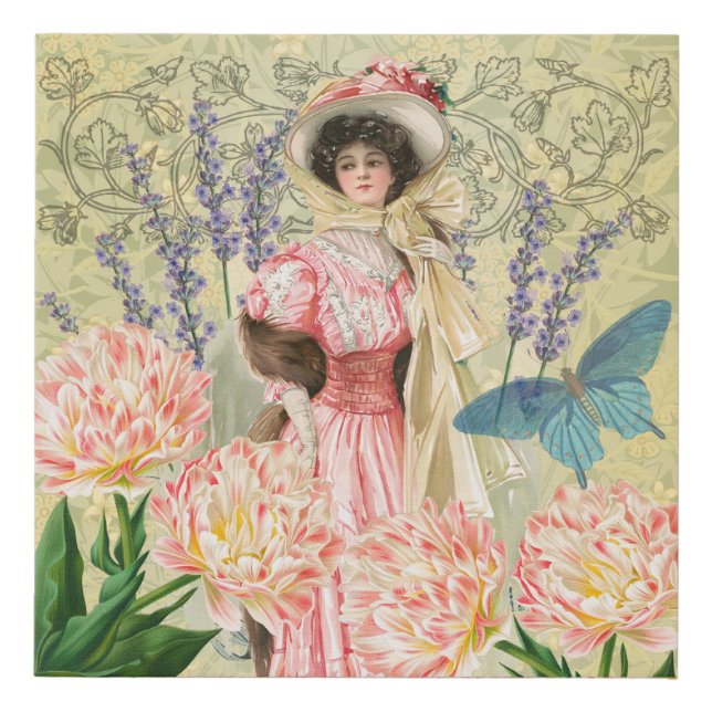Pink Floral Victorian Woman Regency Faux Canvas Print (Front)